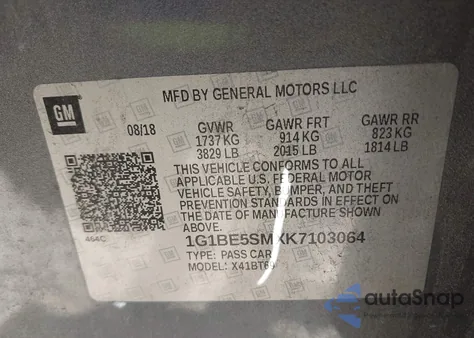 2019 Chevrolet Cruze Lt from USA, damaged, VIN 1G1BE5SMXK7103064